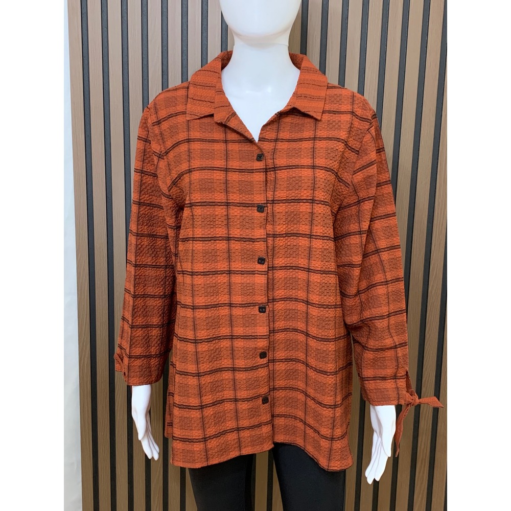 Habitat Clothes to Live In Orange Plaid Button Down Shirt Tie Cuff L Lagenlook